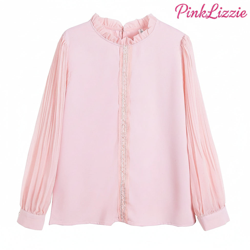 Puff-Sleeve Pink Chiffon Shirt