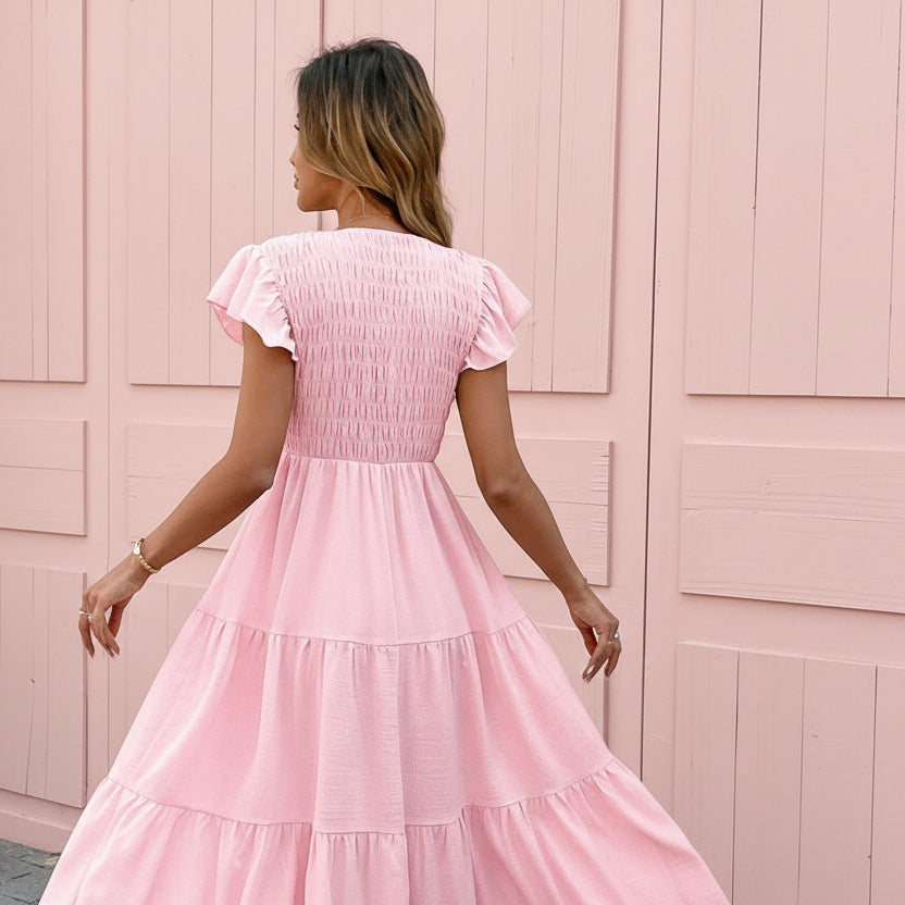 Ruffle-Sleeve Layered Midi Dress