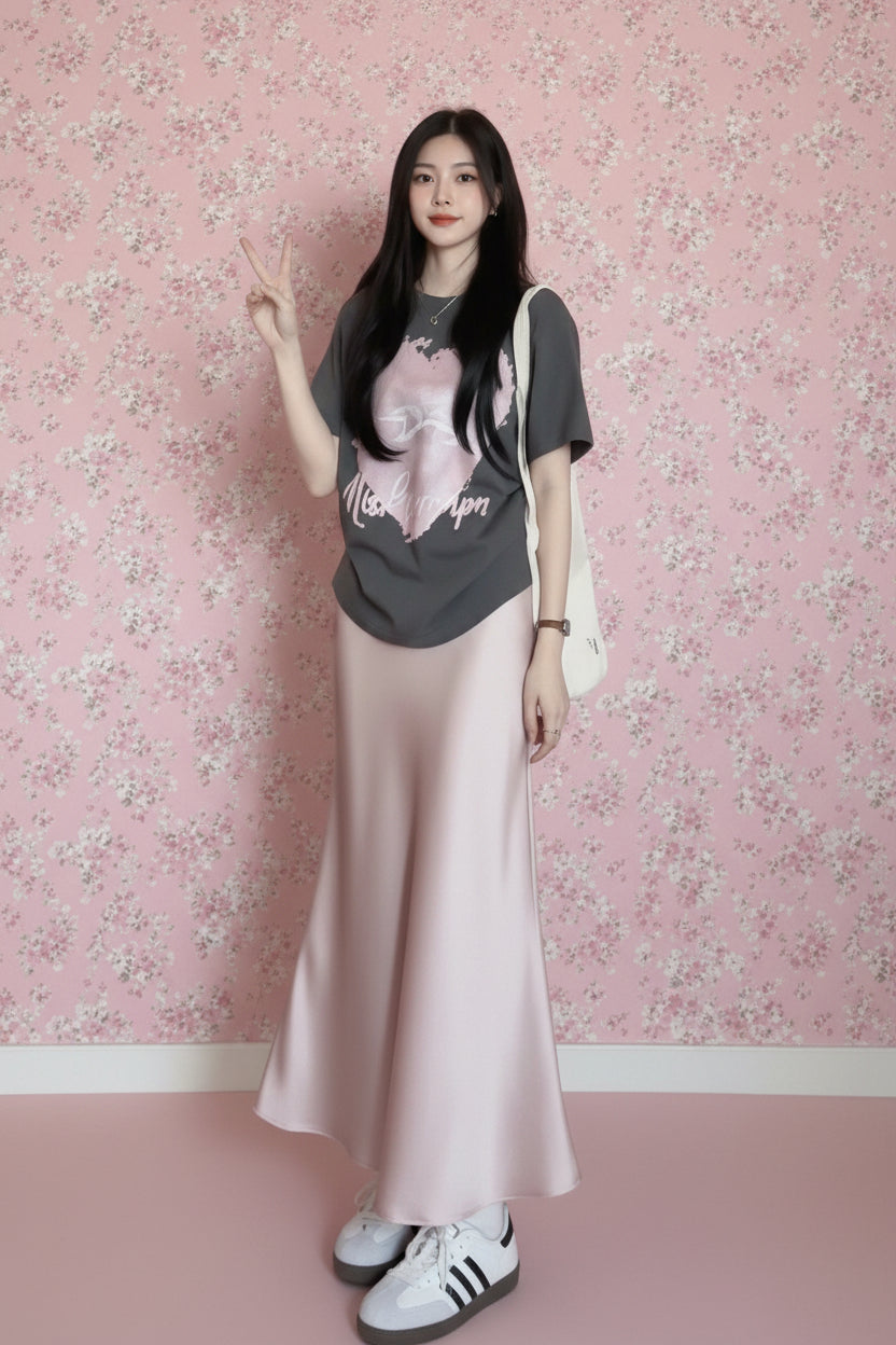 Pale Pink Satin Fishtail Midi Skirt