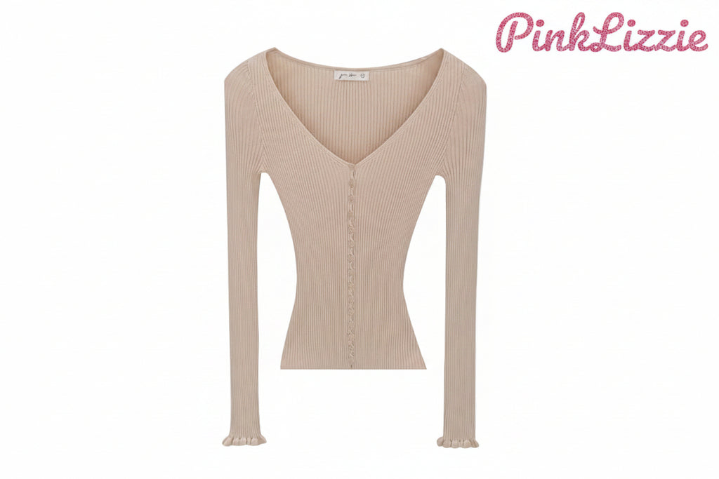Pink V-Neck Fine-Knit Top