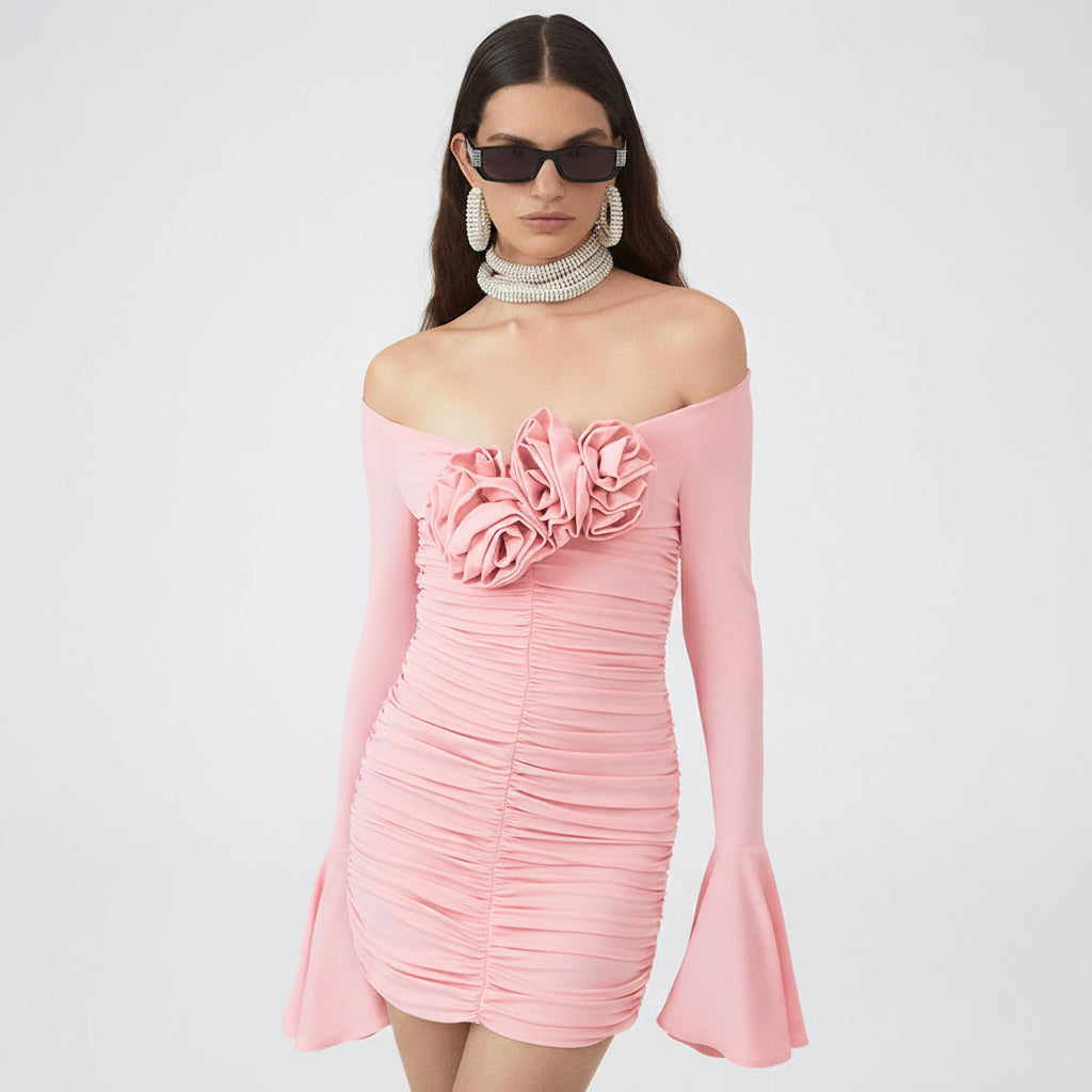 Pink Floral Ruched Long-Sleeve Mini Dress