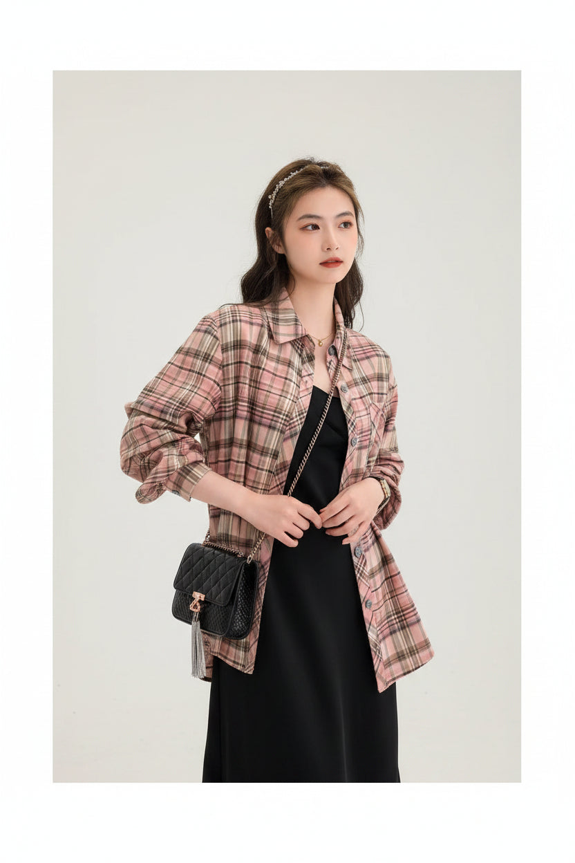 Pink Plaid Oversized Shirt Jacket