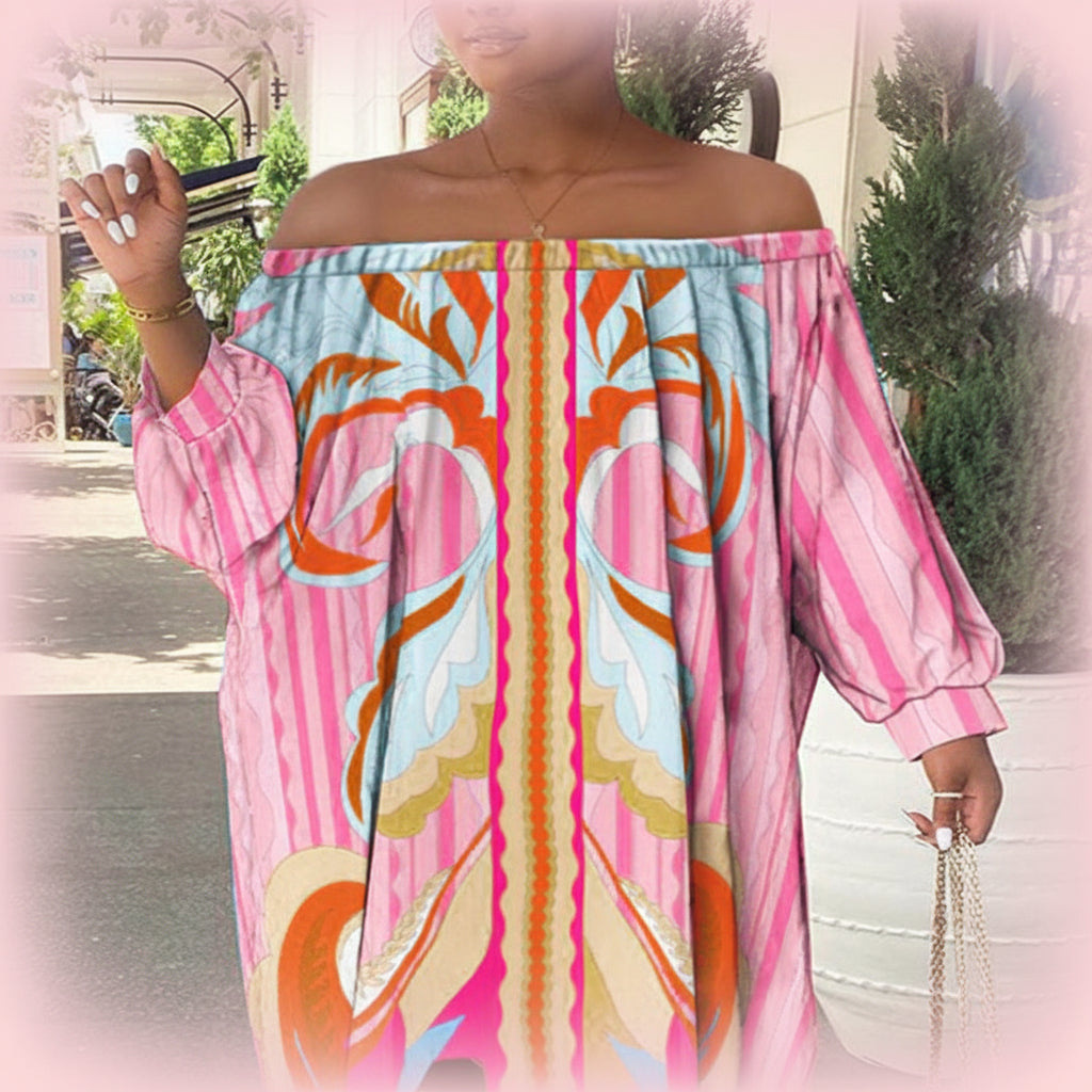 Pink One-Shoulder Print Midi Dress