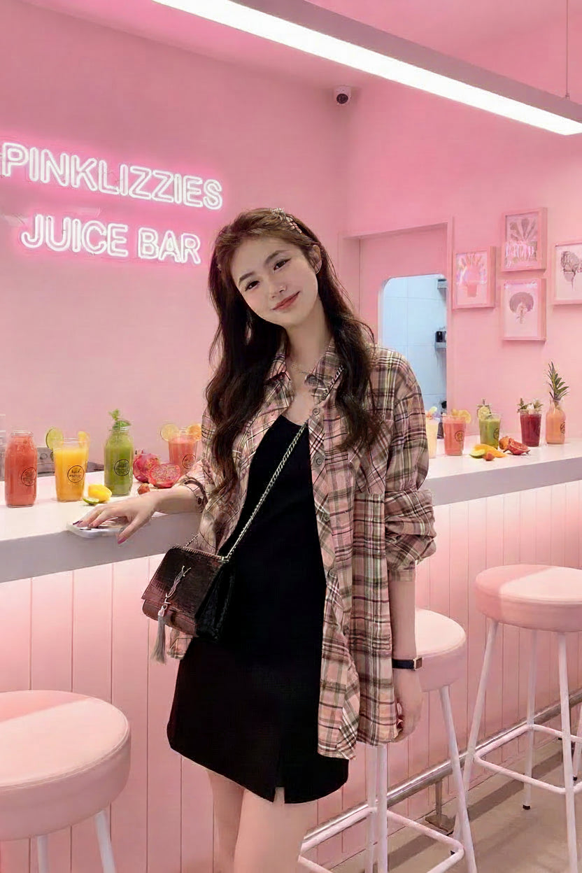 Pink Plaid Oversized Shirt Jacket