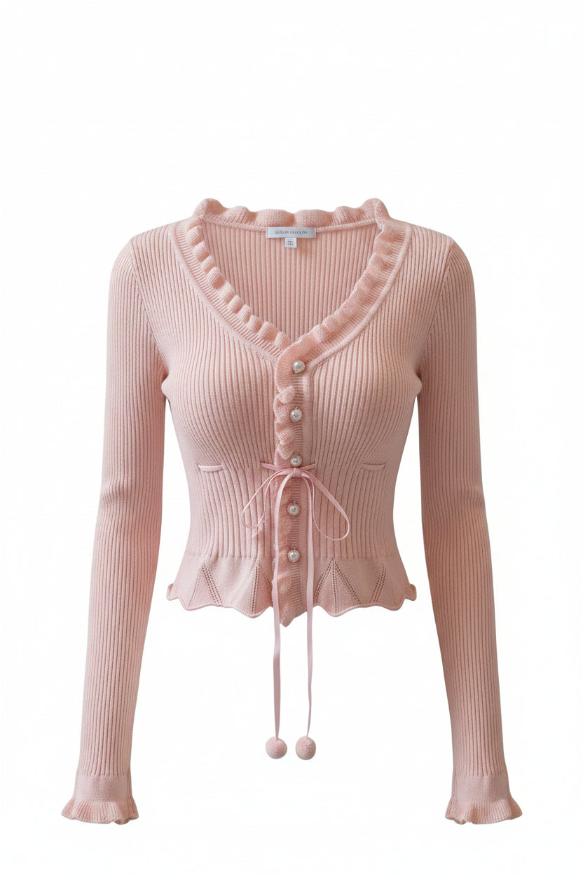 Pink V-Neck Knit Cardigan Top