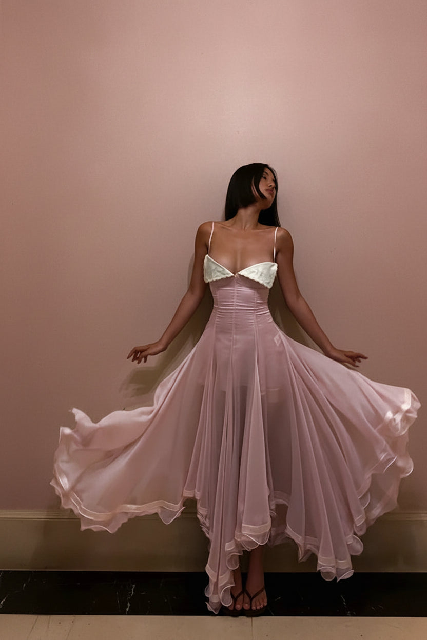 Lace-Trim Sweetheart High-Low Midi Dress