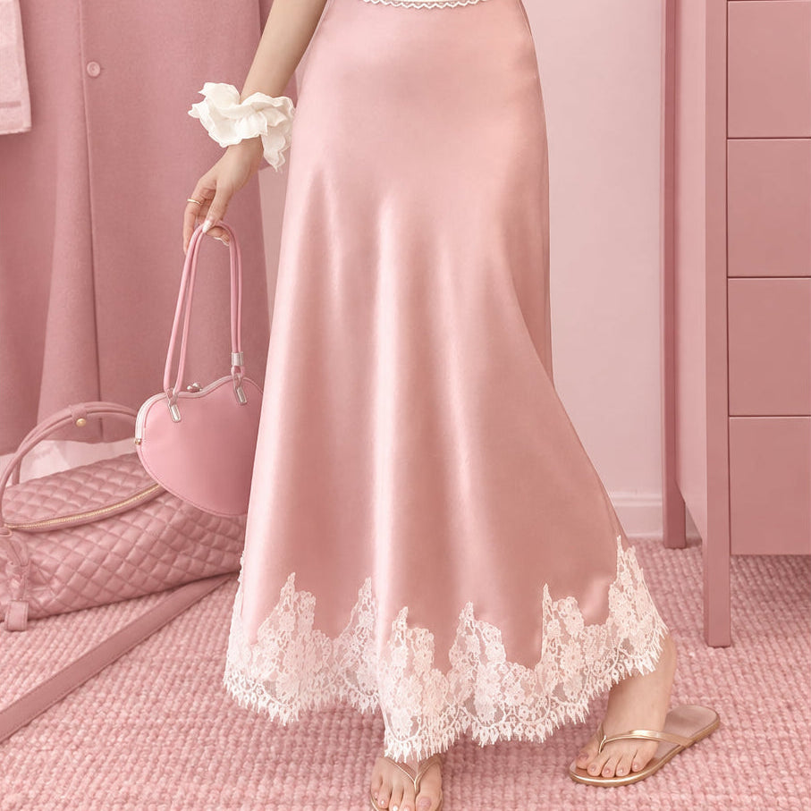 PINKLIZZIE | High-Waist Lace Satin A-Line Maxi Skirt