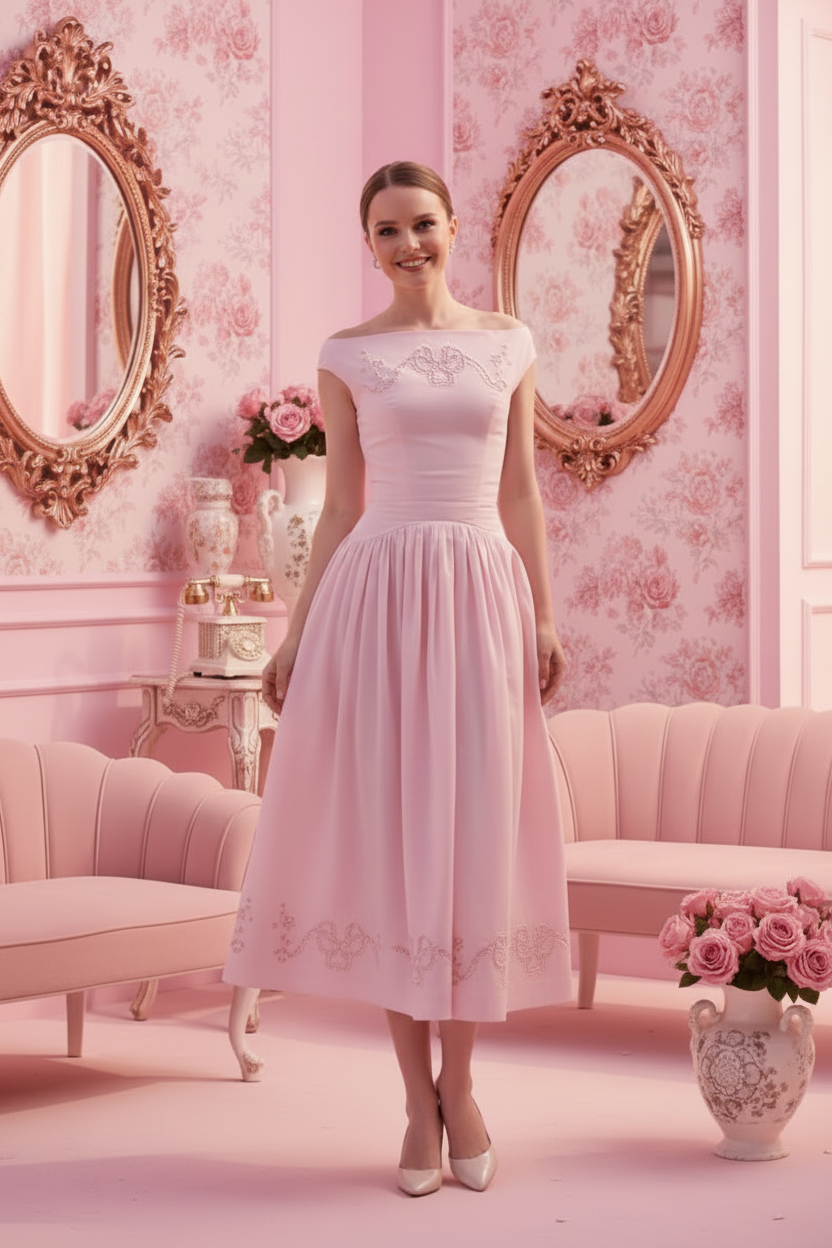 PinkLizzie Elegant Pleated Midi Dress – pink dresse, back view