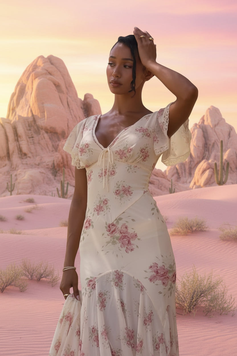 Printed V-Neck Fishtail Maxi Dress