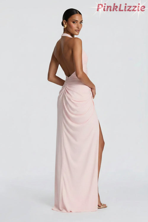 PinkLizzie Halter Split Pleated Maxi Dress – pink dresse, styled detail