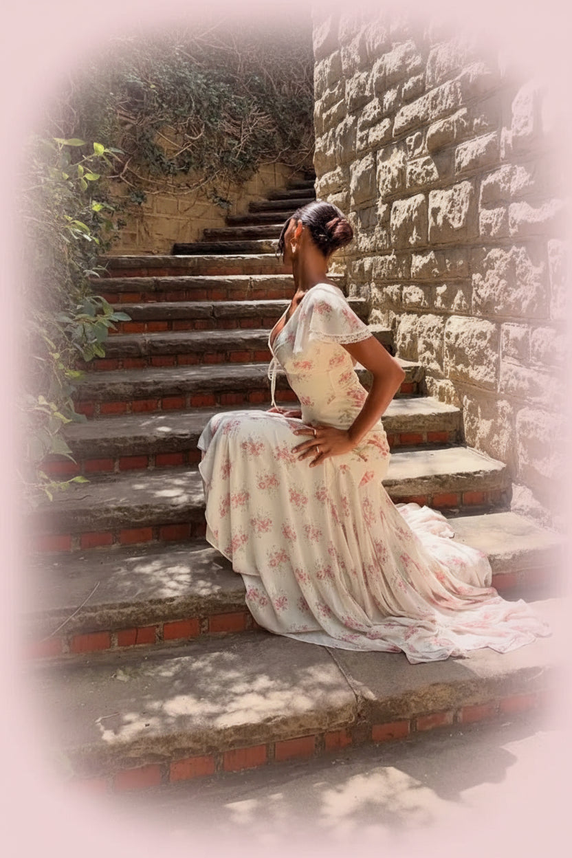 Printed V-Neck Fishtail Maxi Dress