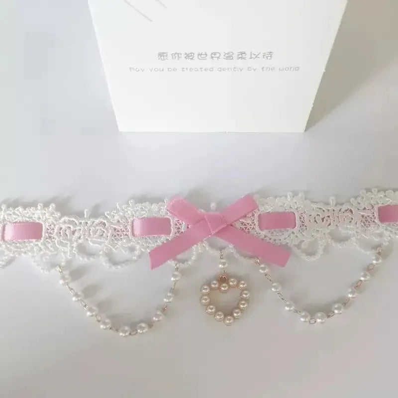 PINKLIZZIE | Pearl Lace Ribbon Bow Choker