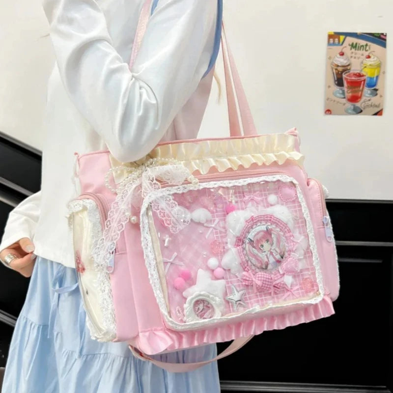 PINKLIZZIE | Pink & Transparent Lace Crossbody Tote