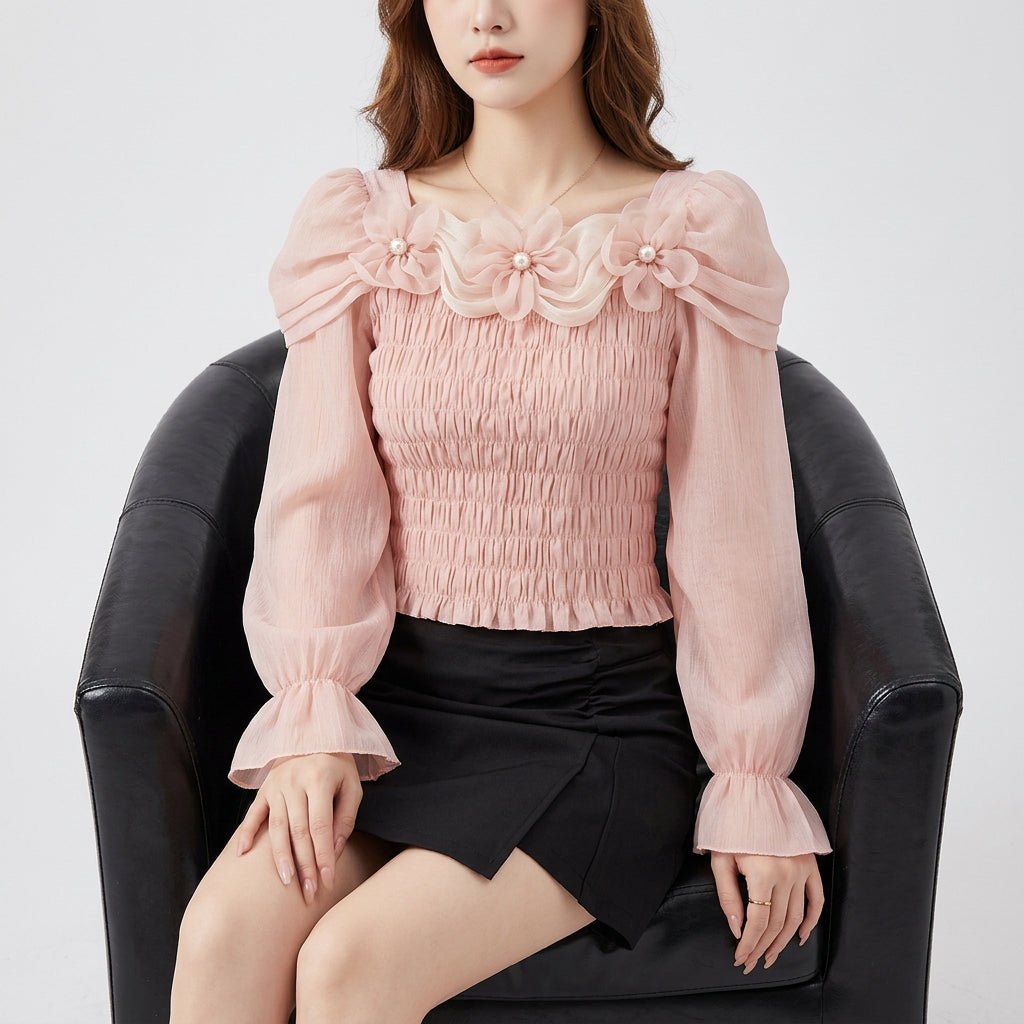 PINKLIZZIE | 3D Flower Ruffle-Waist Long-Sleeve Top