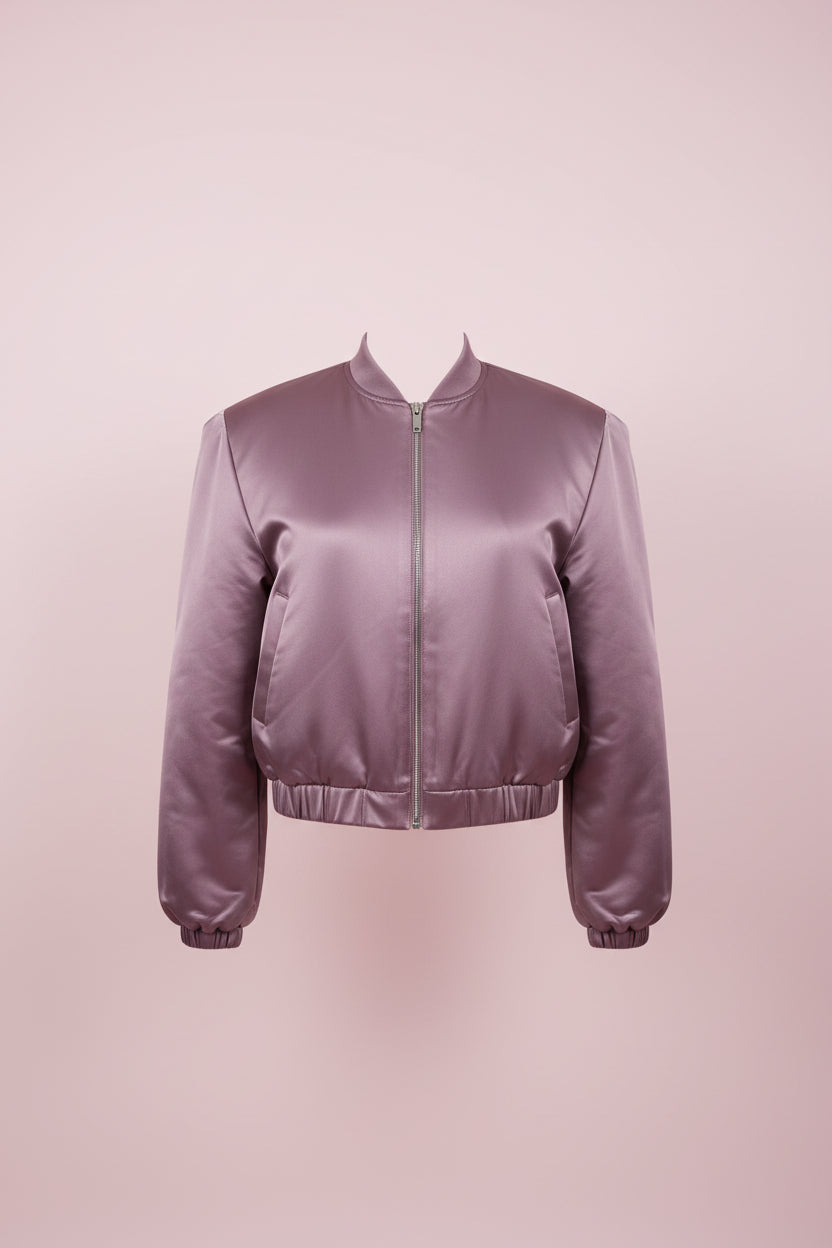 Mauve Satin Puff-Sleeve Bomber Jacket