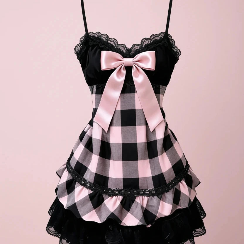 PINKLIZZIE | Checkered Bow Halter Mini Dress