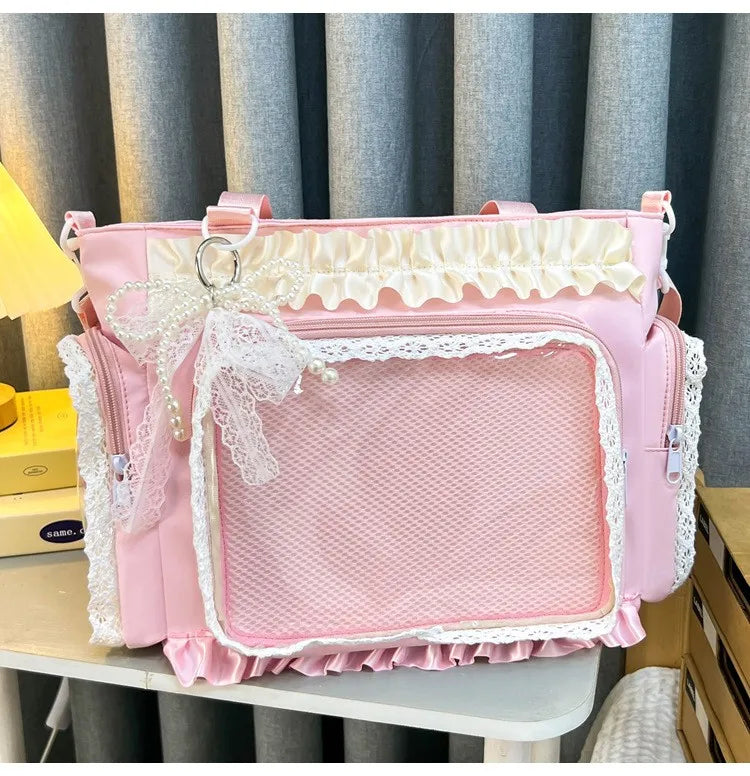 PINKLIZZIE | Pink & Transparent Lace Crossbody Tote