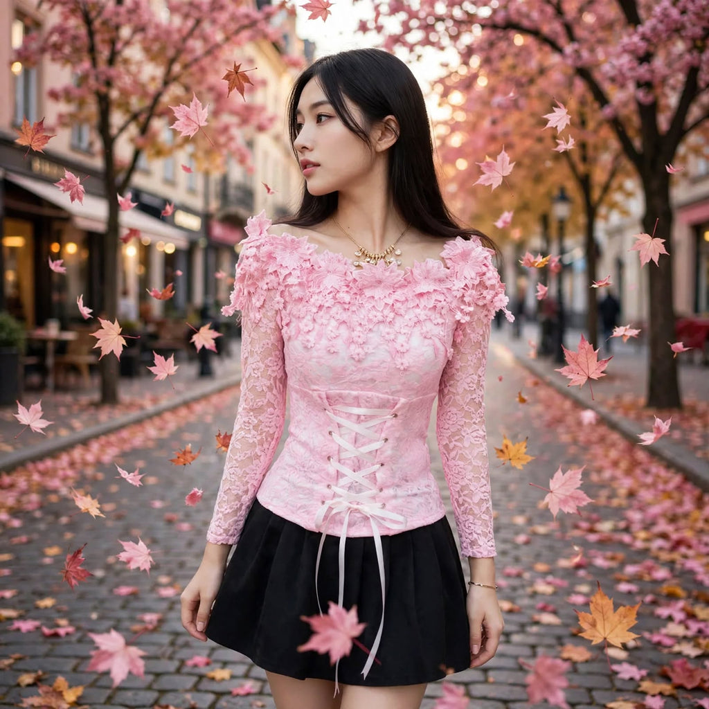 PINKLIZZIE | One-Shoulder Petal Lace Long-Sleeve Top