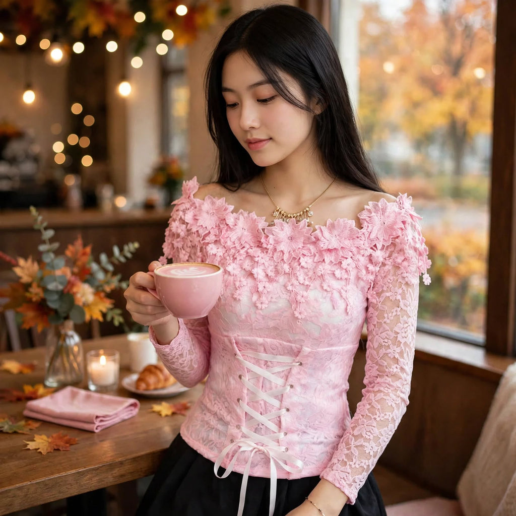 PINKLIZZIE | One-Shoulder Petal Lace Long-Sleeve Top