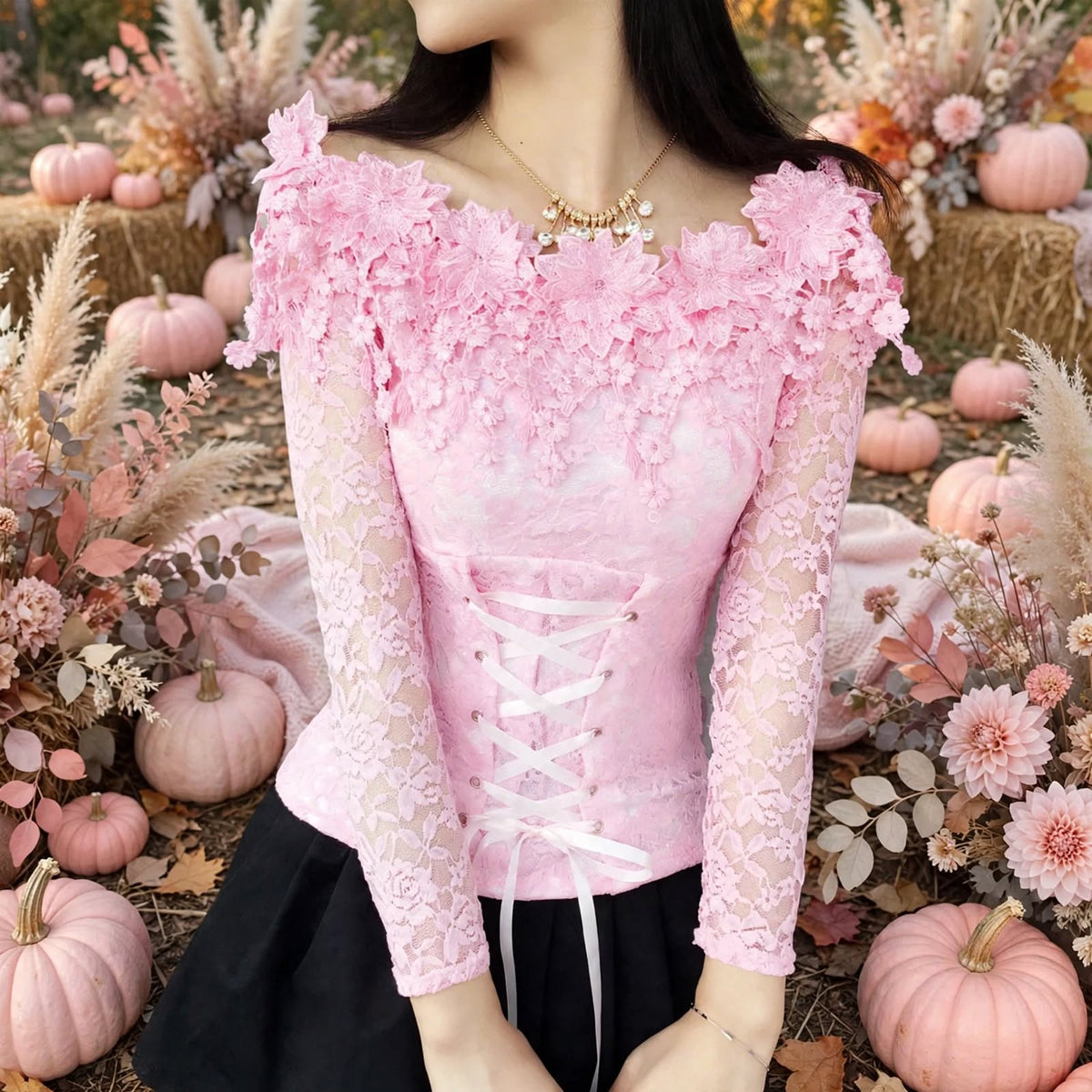 PINKLIZZIE | One-Shoulder Petal Lace Long-Sleeve Top