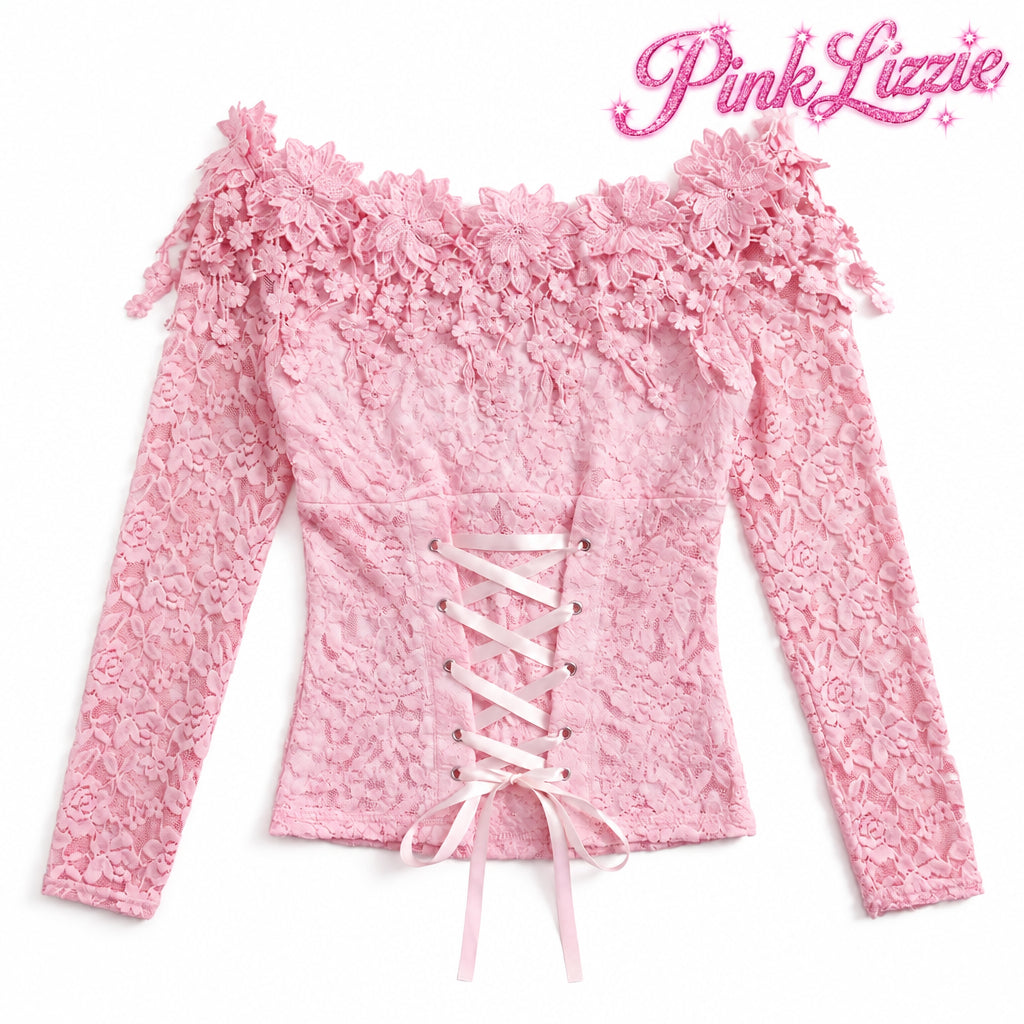 PINKLIZZIE | One-Shoulder Petal Lace Long-Sleeve Top
