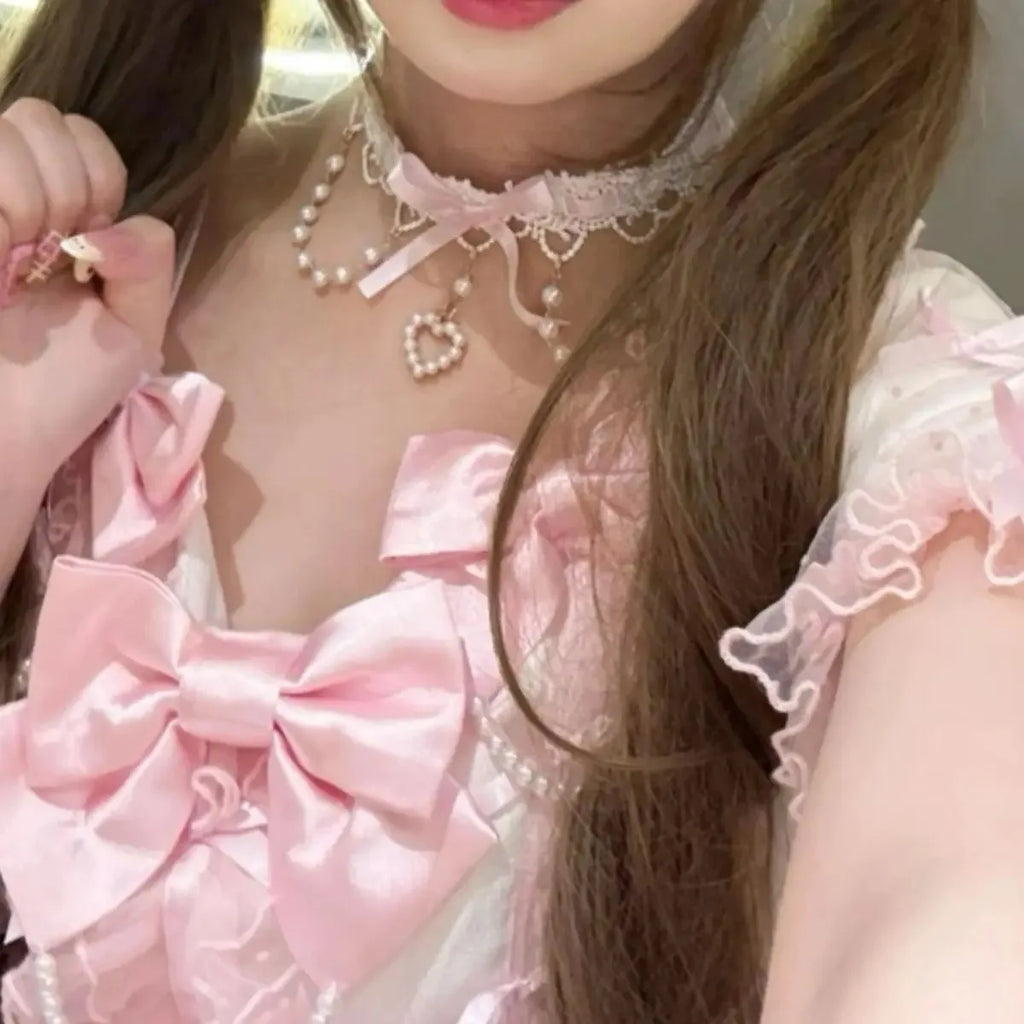PINKLIZZIE | Pearl Lace Ribbon Bow Choker
