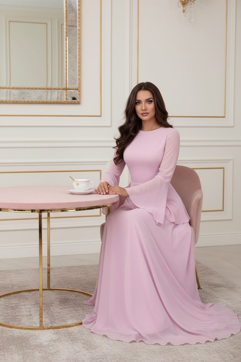 PinkLizzie Ruffle-Sleeve Pleated Midi Dress – pink dresse, back view