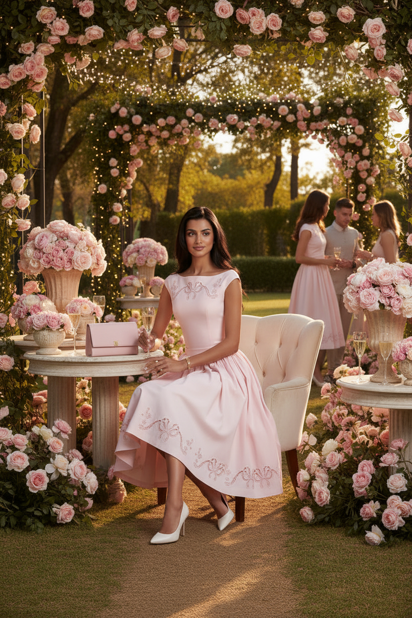 PinkLizzie Elegant Pleated Midi Dress – pink dresse, side view