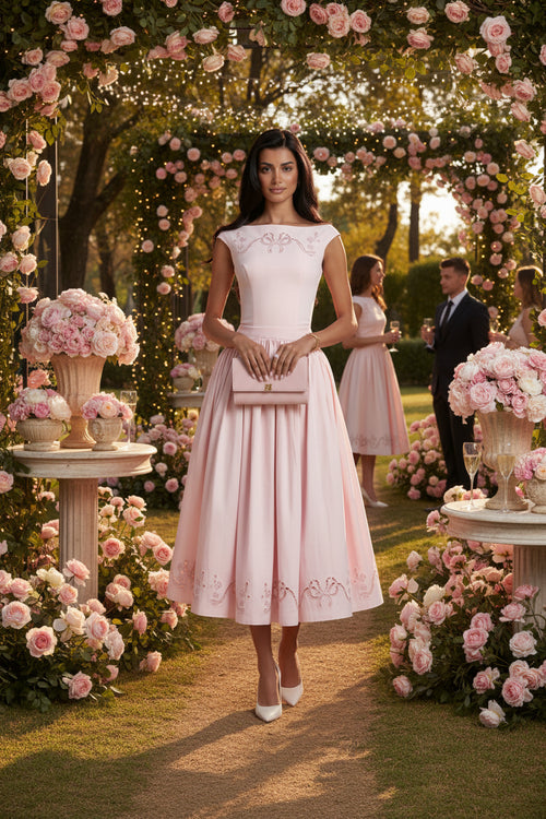 PinkLizzie Elegant Pleated Midi Dress – pink dresse, front view