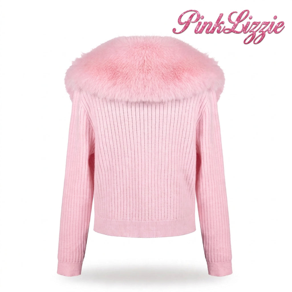 PINKLIZZIE | Faux Fur Collar Cropped Knit Cardigan