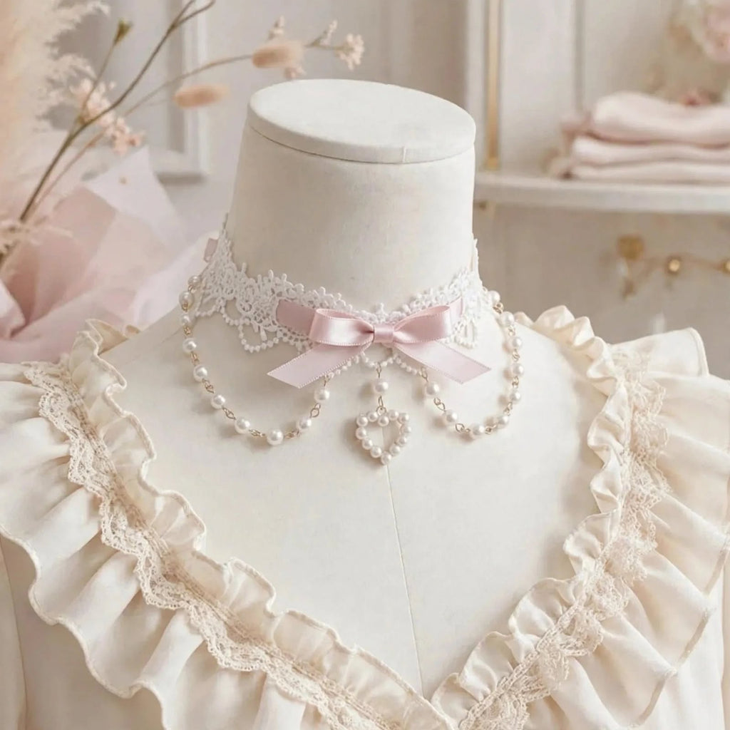 PINKLIZZIE | Pearl Lace Ribbon Bow Choker