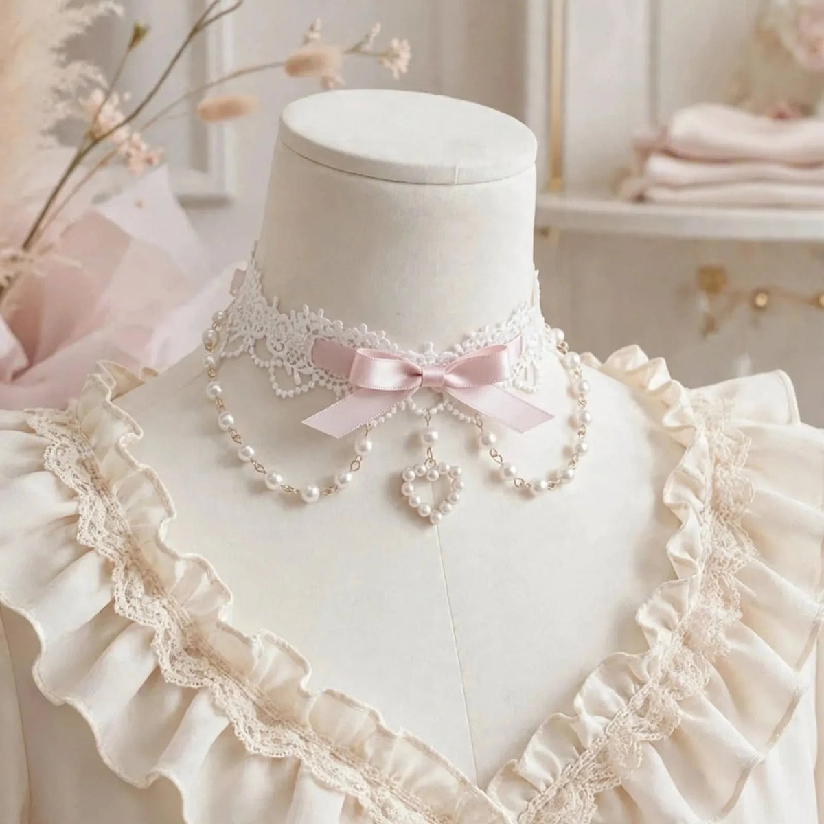 PINKLIZZIE | Pearl Lace Ribbon Bow Choker