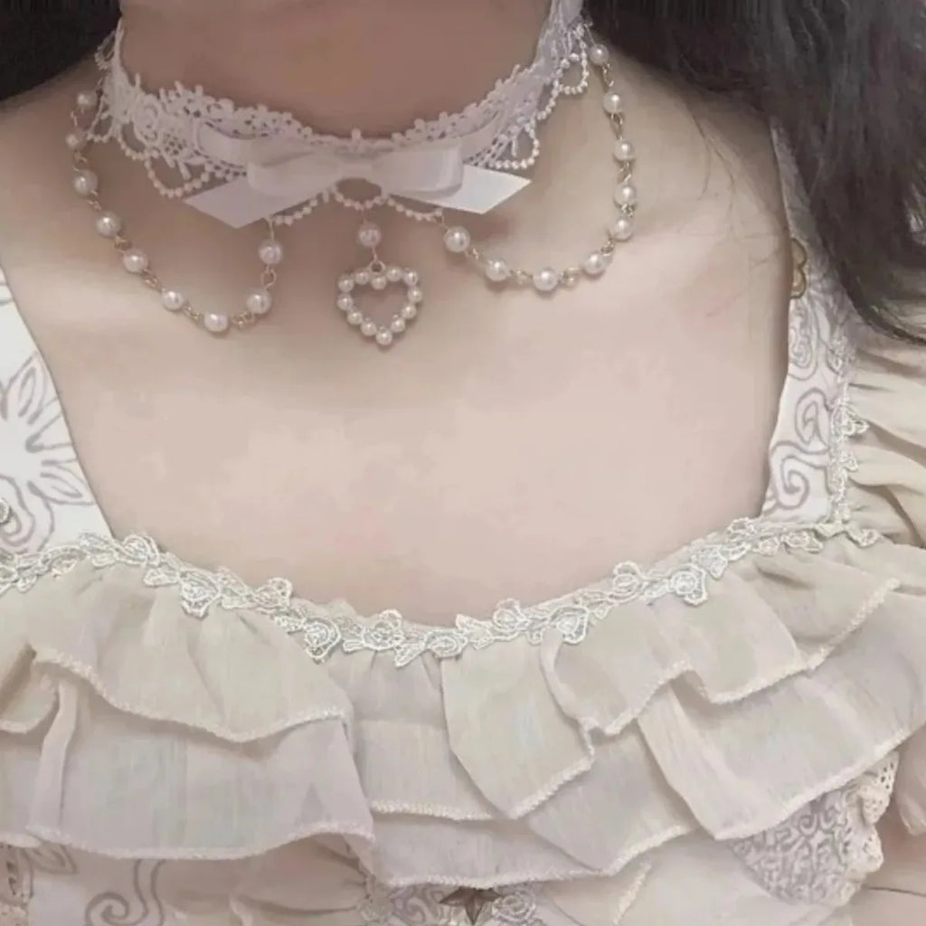 PINKLIZZIE | Pearl Lace Ribbon Bow Choker
