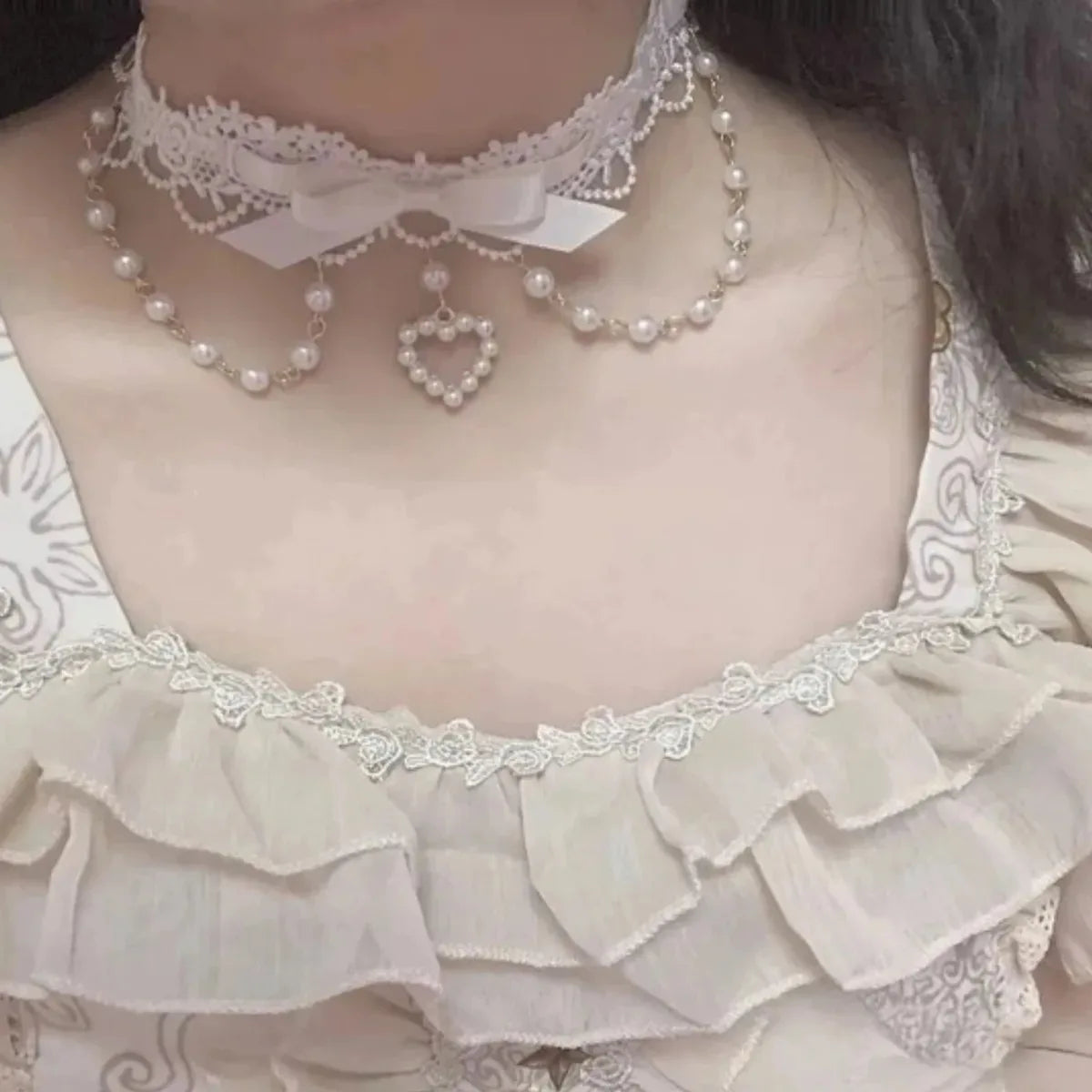PINKLIZZIE | Pearl Lace Ribbon Bow Choker