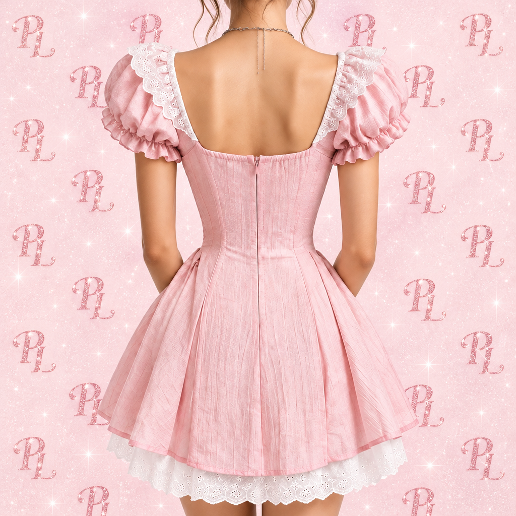PINKLIZZIE | Bow Puff-Sleeve Square-Neck Mini Dress
