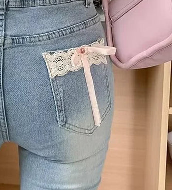 PINKLIZZIE | Lace Bow High-Waist Flare Jeans