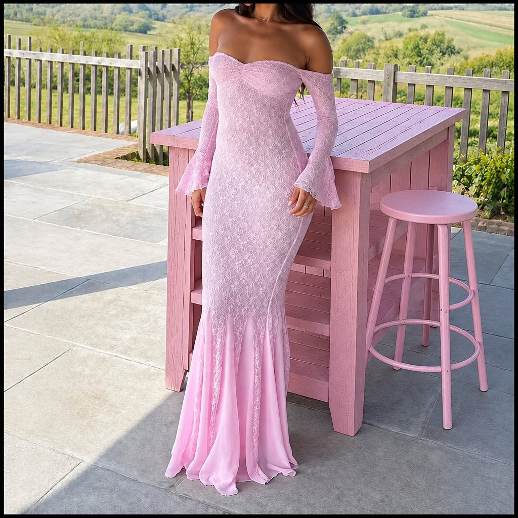 PINKLIZZIE | French Lace Long-Sleeve Pink Maxi Dress