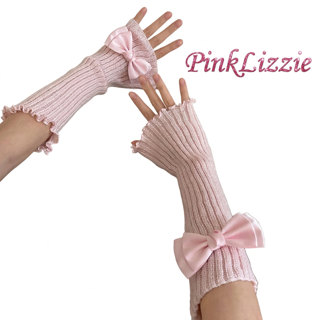 PINKLIZZIE | Knitted Bow Fingerless Arm Warmers