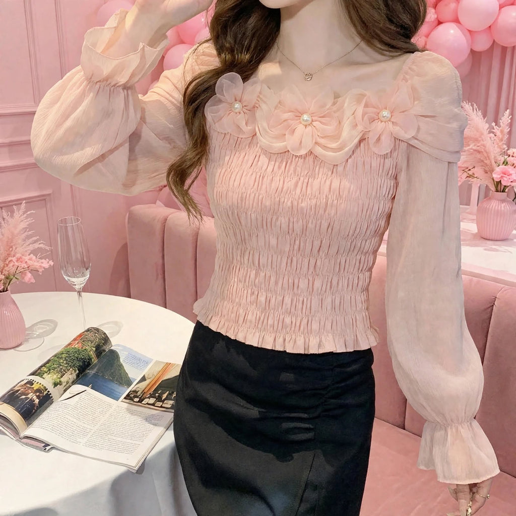 PINKLIZZIE | 3D Flower Ruffle-Waist Long-Sleeve Top