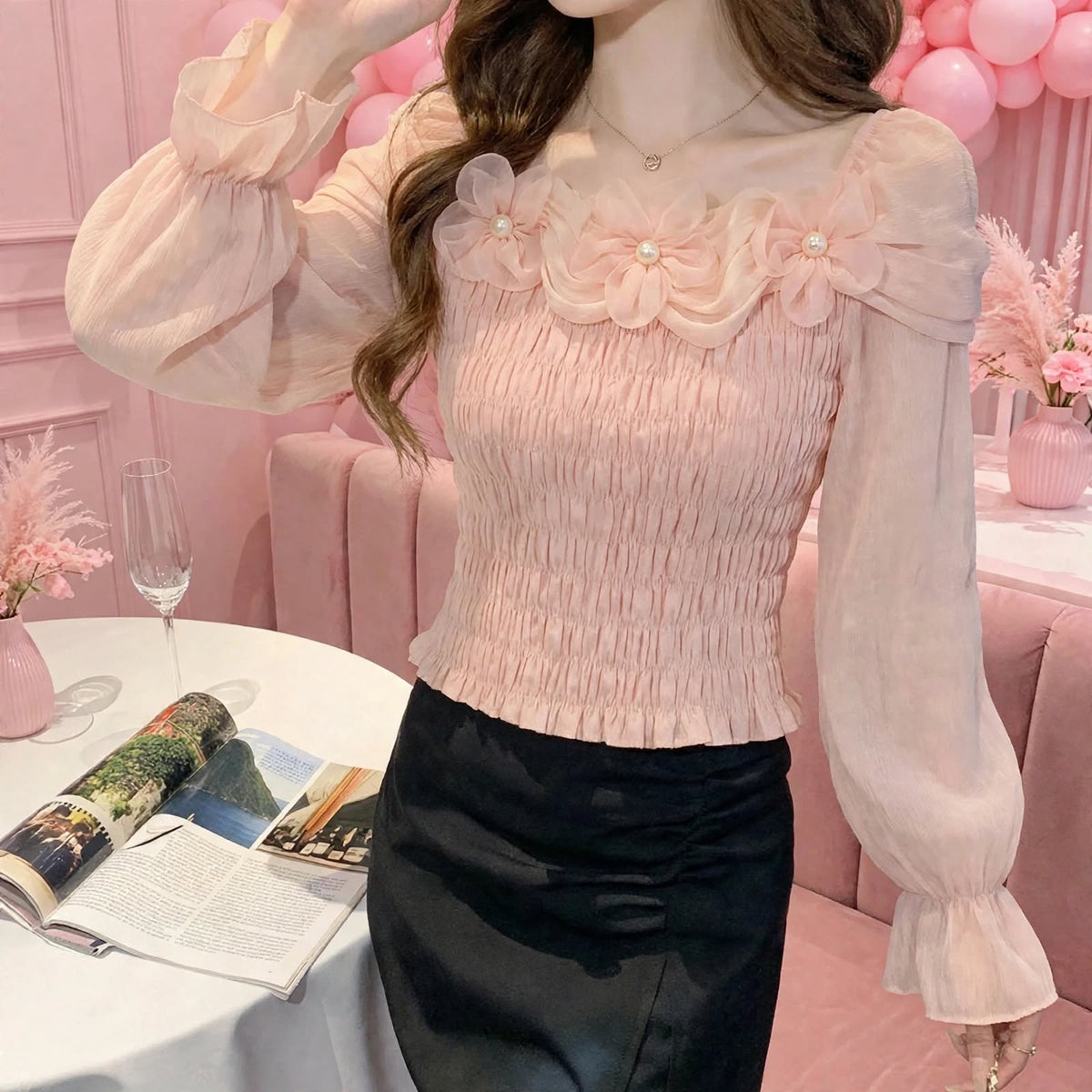 PINKLIZZIE | 3D Flower Ruffle-Waist Long-Sleeve Top