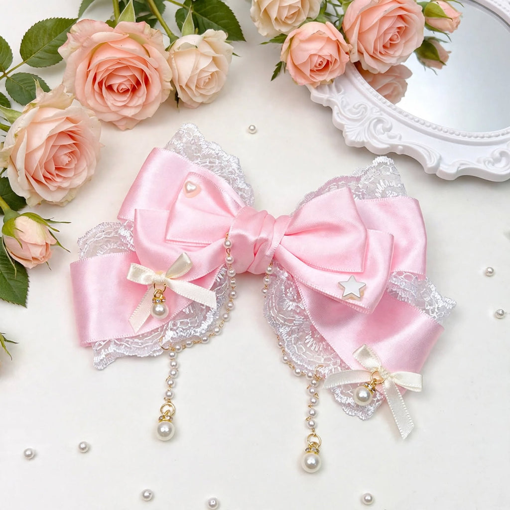 PINKLIZZIE | Pearl Chain Bow Lace Hair Clip