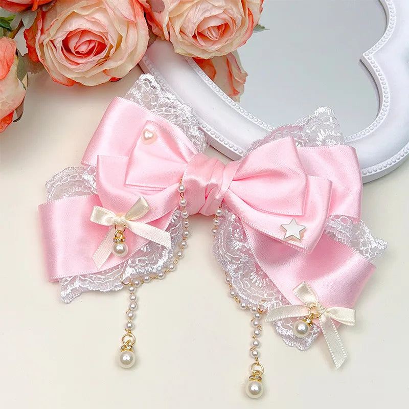 PINKLIZZIE | Pearl Chain Bow Lace Hair Clip