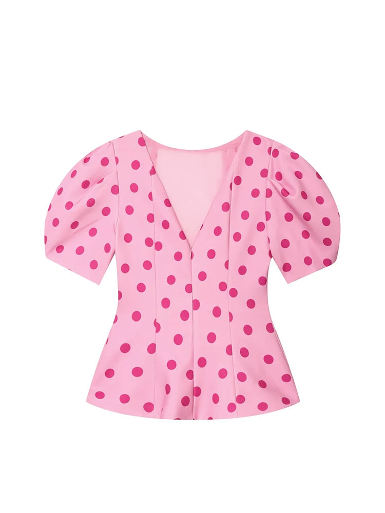 Polka-Dot Puff-Sleeve Blouse