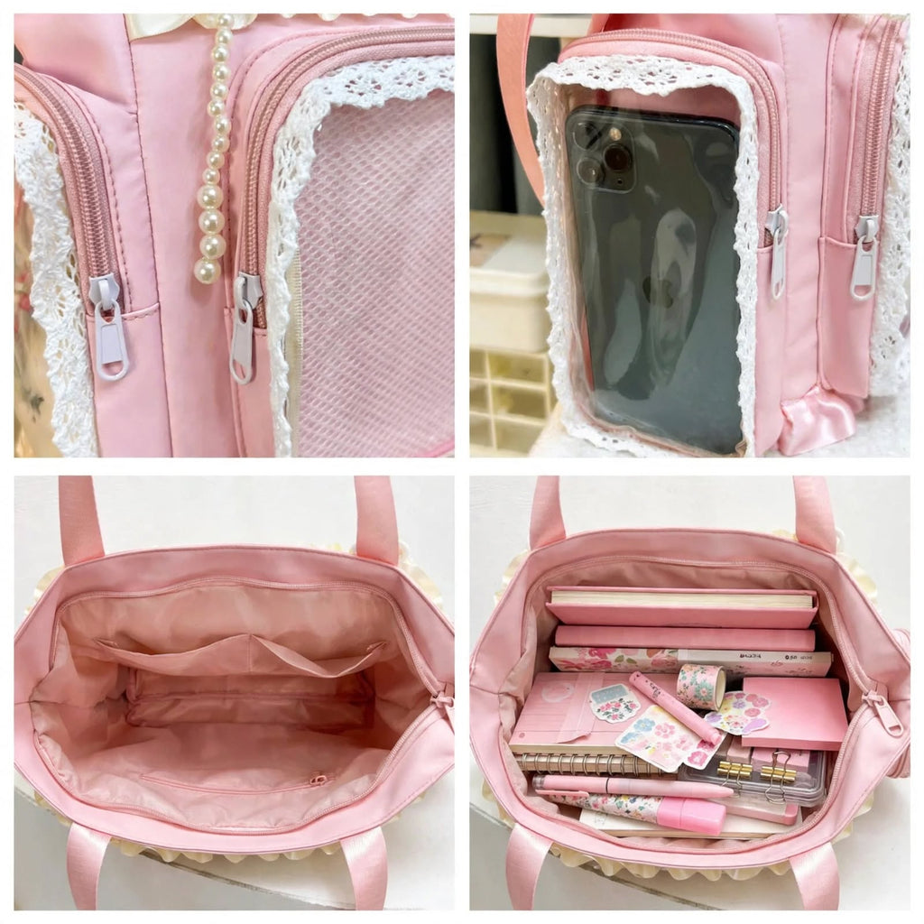PINKLIZZIE | Pink & Transparent Lace Crossbody Tote