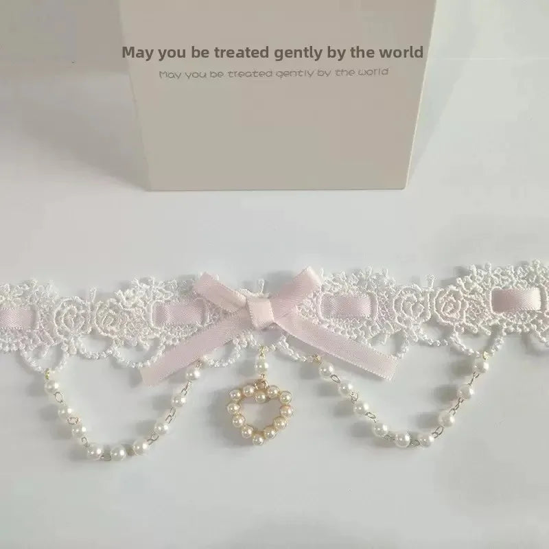 PINKLIZZIE | Pearl Lace Ribbon Bow Choker