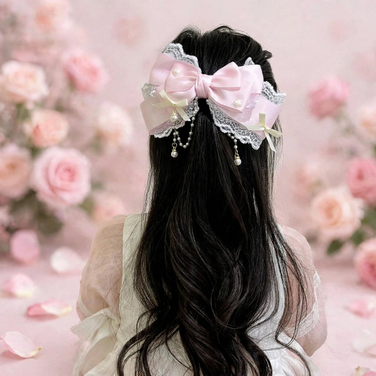 PINKLIZZIE | Pearl Chain Bow Lace Hair Clip