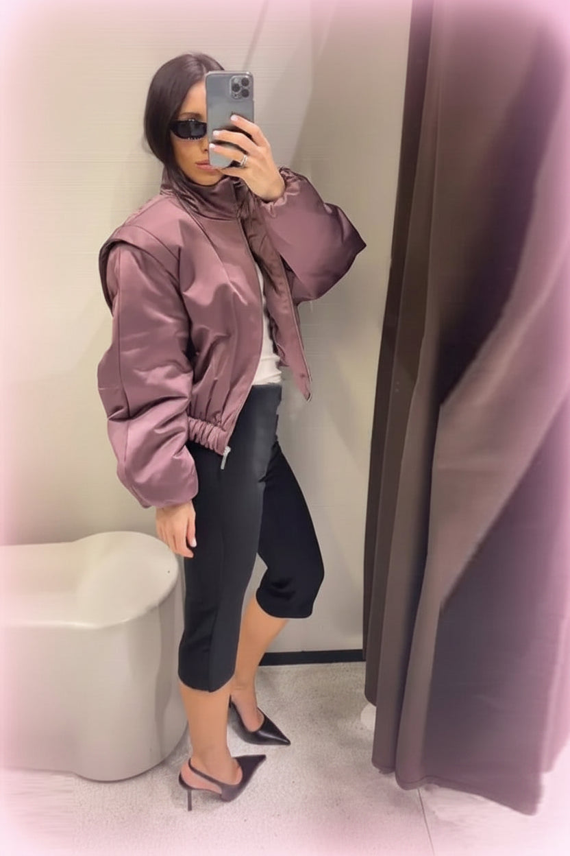 Mauve Satin Puff-Sleeve Bomber Jacket