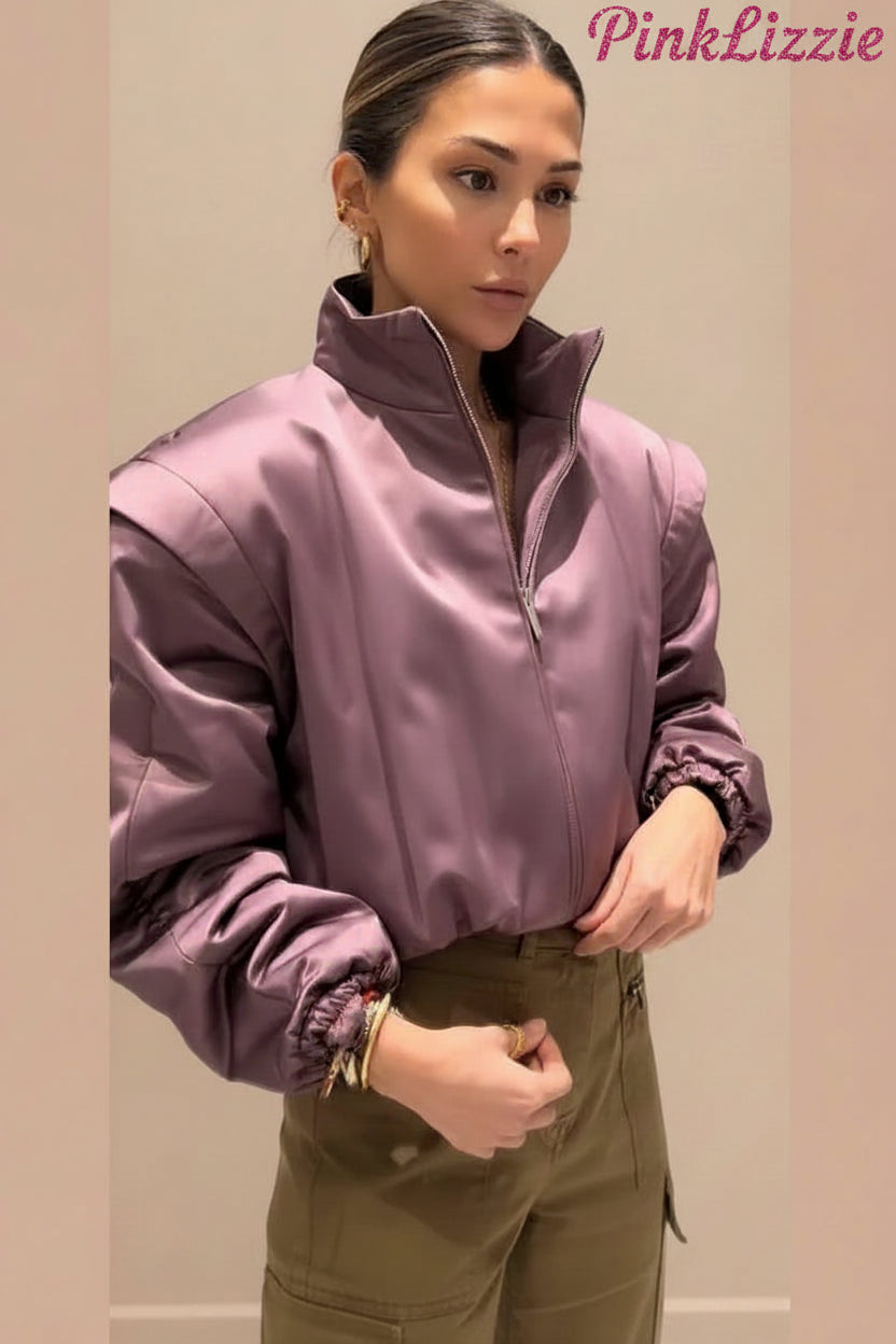 Mauve Satin Puff-Sleeve Bomber Jacket