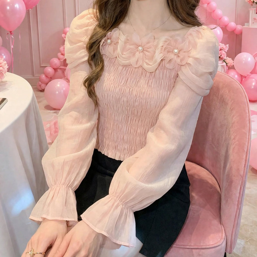 PINKLIZZIE | 3D Flower Ruffle-Waist Long-Sleeve Top