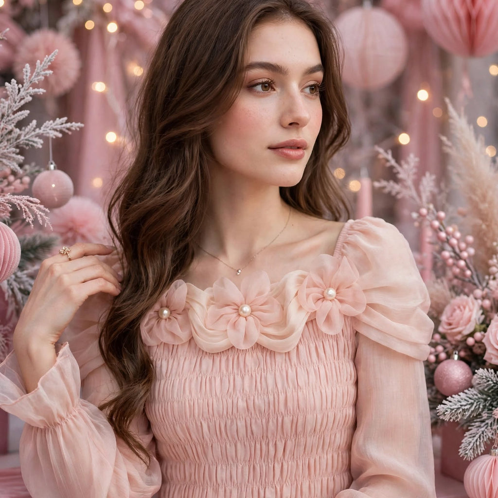 PINKLIZZIE | 3D Flower Ruffle-Waist Long-Sleeve Top